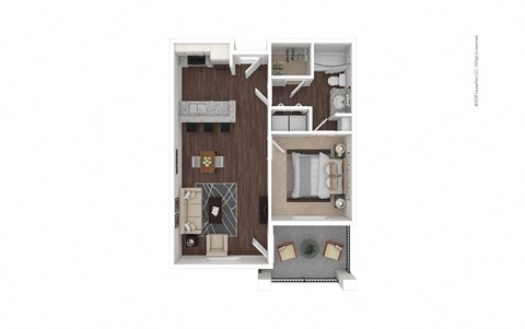 Floor plan for 1 bed, 1 bath, 697 sqft